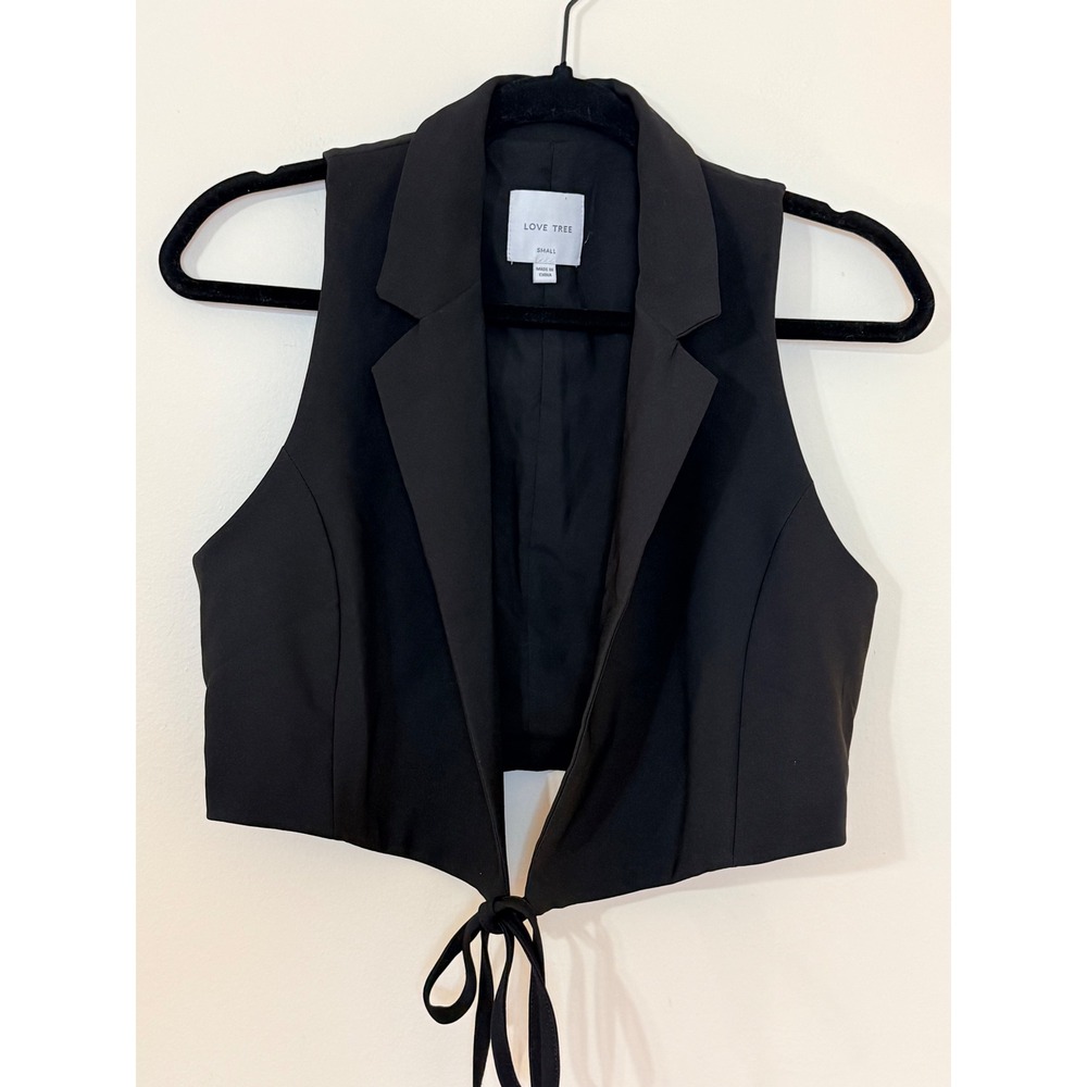 Love Tree Womens Black Cropped Tie Front Vest Sleeveless Blazer Small S120VN